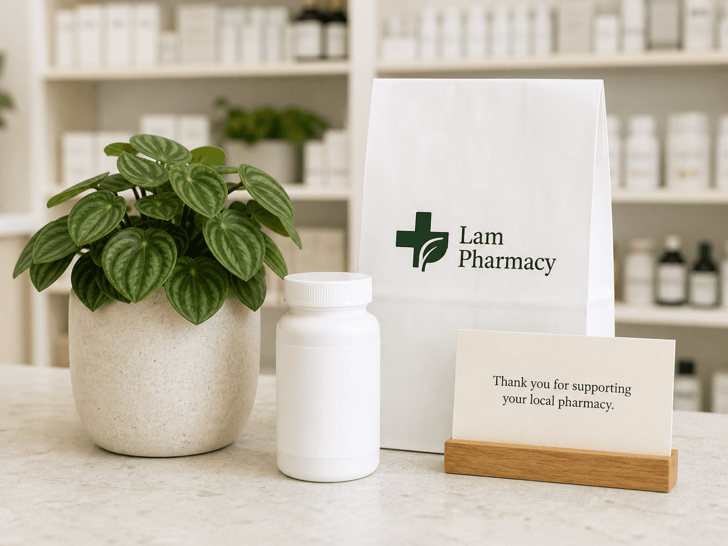 A plant, pharmacy bag, and thank-you card arranged on a clean pharmacy counter.